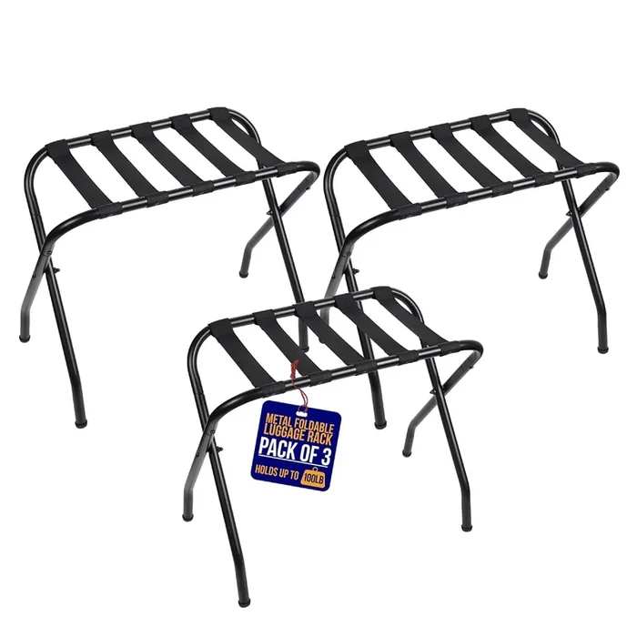 Metal Luggage Rack – Pack of 3 Foldable, Easy Assembly, Space Saving, and Stylish Steel Frame Guest Suitcase Stands with Nylon Straps – Black