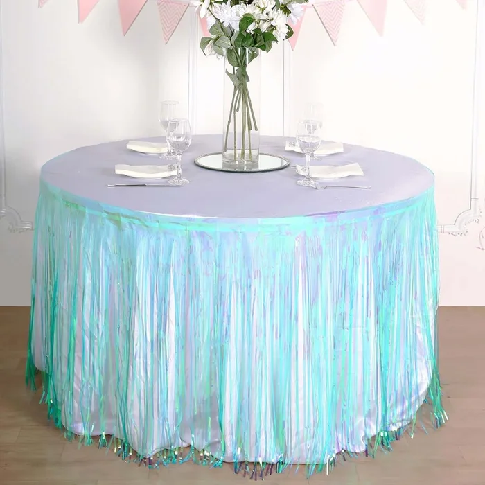 Metallic Foil Fringe Table Skirt Iridescent Blue with Self Adhesive Backing – Durable Tinsel Skirt for Parties 30″x9ftTable Skirts