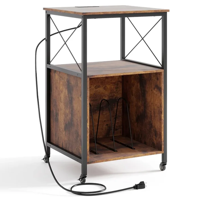 Mobile Record Player Stand with Power Outlet with Open Shelf and Dividers