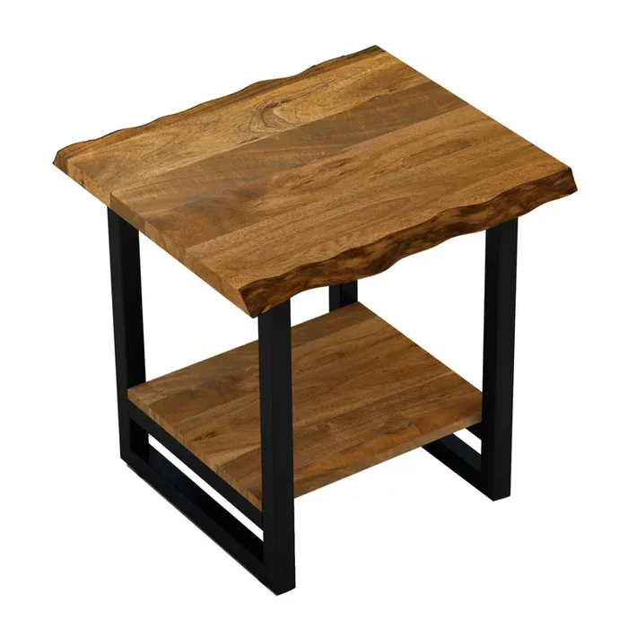 Modern Industrial End Table – Solid Wood Top with Open Metal Shelf