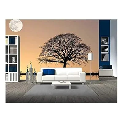 Oak Tree in Winter at Sunset in Silhouette Against a Golden Sky and Full Moon – Removable Wall Mural | Self-Adhesive Large Wallpaper – 100×144 inches