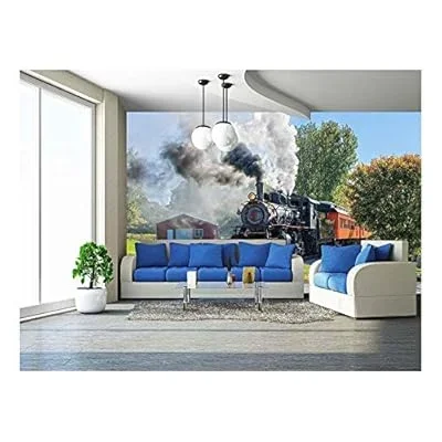 Old Vintage Steam Engine Arriving at The Train Depot – Removable Wall Mural | Self-Adhesive Large Wallpaper – 100×144 inches