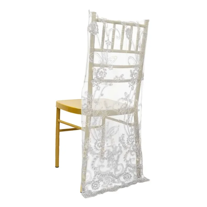 Organza Chiavari Chair Slipcover with Floral Sequin Embroidery White – Stylish Lace Chair Back Cover for WeddingsChair Covers