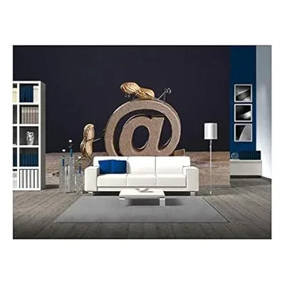 Peanut People Pushing a Large at Sign as a Symbol for The Internet and Email – Removable Wall Mural | Self-Adhesive Large Wallpaper – 100×144 inches