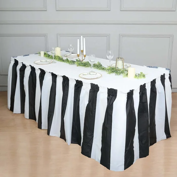 Plastic Table Skirt White/Black Stripe – Reliable Disposable Skirt for Parties 14ft 10 MilTable Skirts