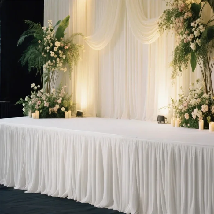 Portable Stage Skirt White Polyester Platform Skirting Cloth for Events, Performances & Wedding Staging – 48″x20ftTable Skirts