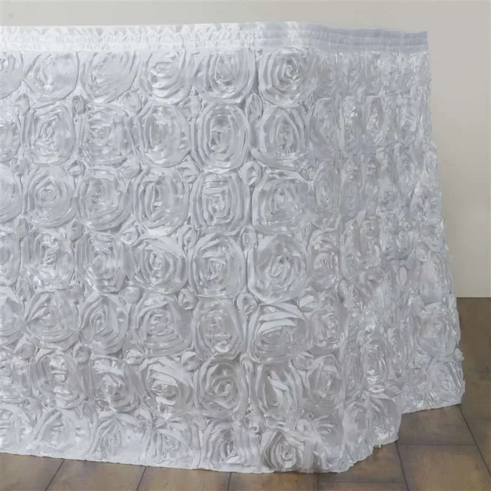 Rosette Satin 21ft Table Skirt White 3D Floral Design – Sophisticated Event & Wedding Table CoverTable Skirts