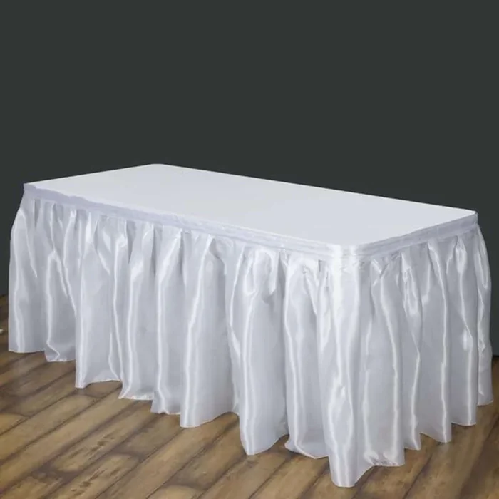 Satin 14ft Table Skirt White – Exquisite Pleated Wedding Table DecorTable Skirts