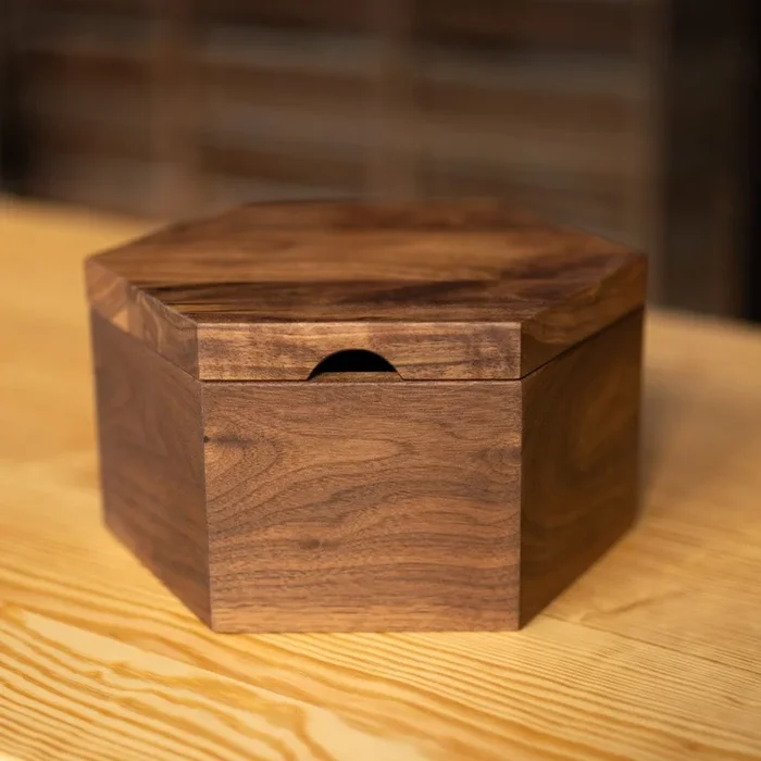 SECONDS STOCK Hexagon Bread Box with Removable Lid in WalnutHolders