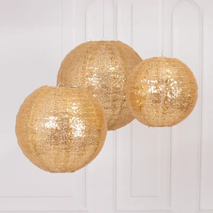 Set of 3 Glitter Gold Sequin Fabric Hanging Lanterns, Decorative Round Foldable Chinese Lantern Lampshades – 8″,10″,12″Lanterns