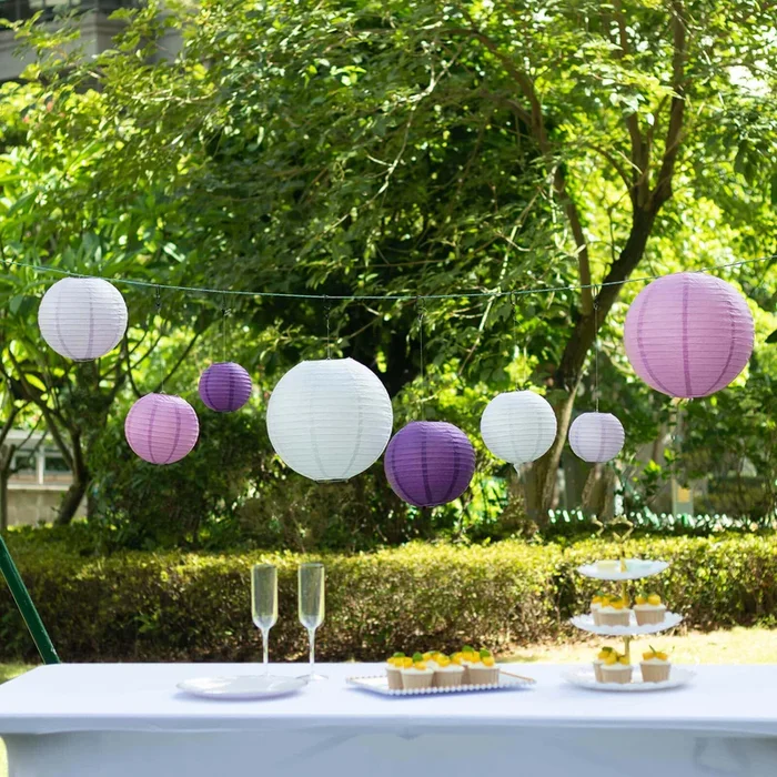 Set of 8 Mixed Purple White Hanging Paper Lanterns, Decorative Round Chinese Sky Lanterns, Assorted Sizes – 6″,8″,10″,14″Lanterns
