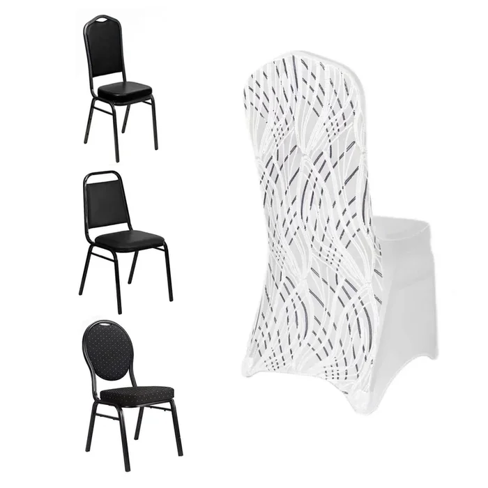 Spandex Chair Cover with Wave Embroidered Sequins for Banquet Chairs White/Black – Luxe Glittering Stretch Fitted SlipcoverChair Covers