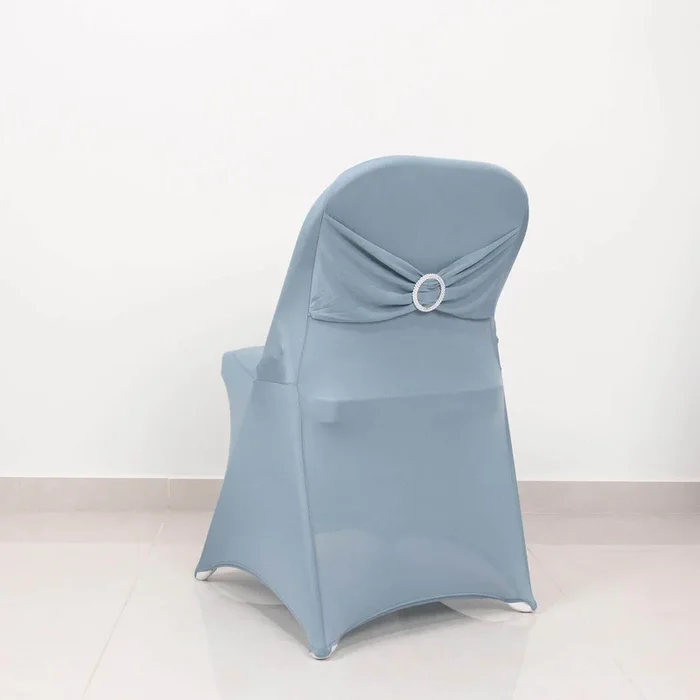 Stretch Spandex Chair Cover Dusty Blue for Folding Chairs – Secure Fit Slipcover with Silver Rhinestone Buckled Sash BandChair Covers