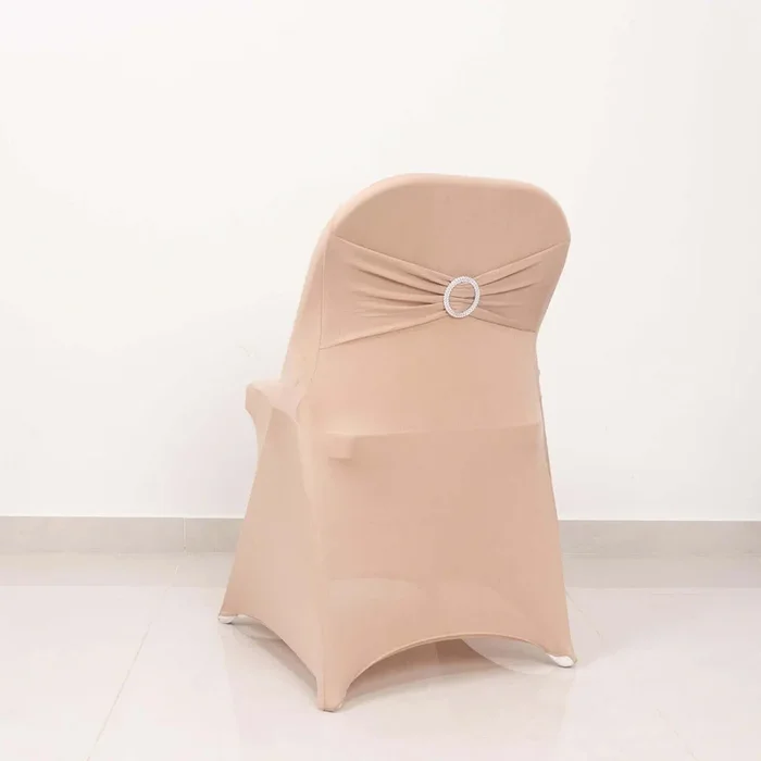 Stretch Spandex Chair Cover Nude for Folding Chairs – Secure Fit Slipcover with Silver Rhinestone Buckled Sash BandChair Covers