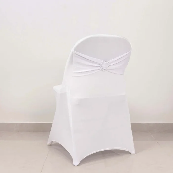 Stretch Spandex Chair Cover White for Folding Chairs – Enhanced Style & Secure Fit Slipcover with Stunning Silver Rhinestone Buckled Sash BandChair Covers