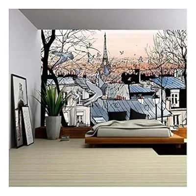 Vector – Montmartre in Paris with Eiffel Tower – Vector Illustration – Removable Wall Mural | Self-Adhesive Large Wallpaper – 66×96 inches