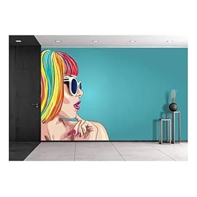 Vector Beautiful Woman Wearing Colorful Wig and White Sunglasses. – Removable Wall Mural | Self-Adhesive Large Wallpaper – 100×144 inches