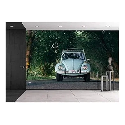 Vintage Car Driving The a Lane with Trees – Removable Wall Mural | Self-Adhesive Large Wallpaper – 66×96 inches