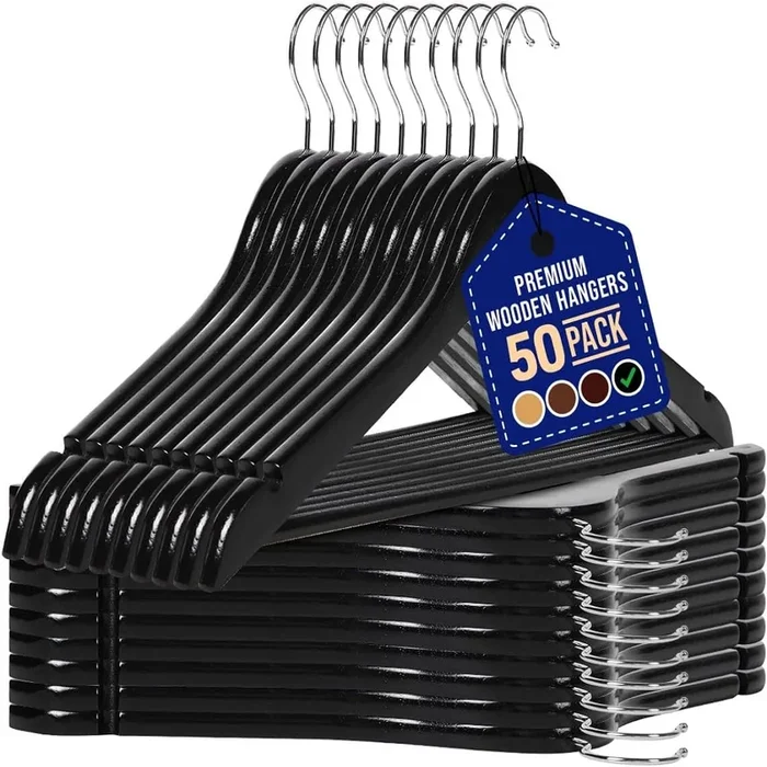 Wooden Hanger Set – 50 Pieces Non-Slip Versatile Closet Space-Saving Hanger Set for Suit, Coat, Camisole, Jacket, Pants, and Dresses with 360° Swivel Hook – Black
